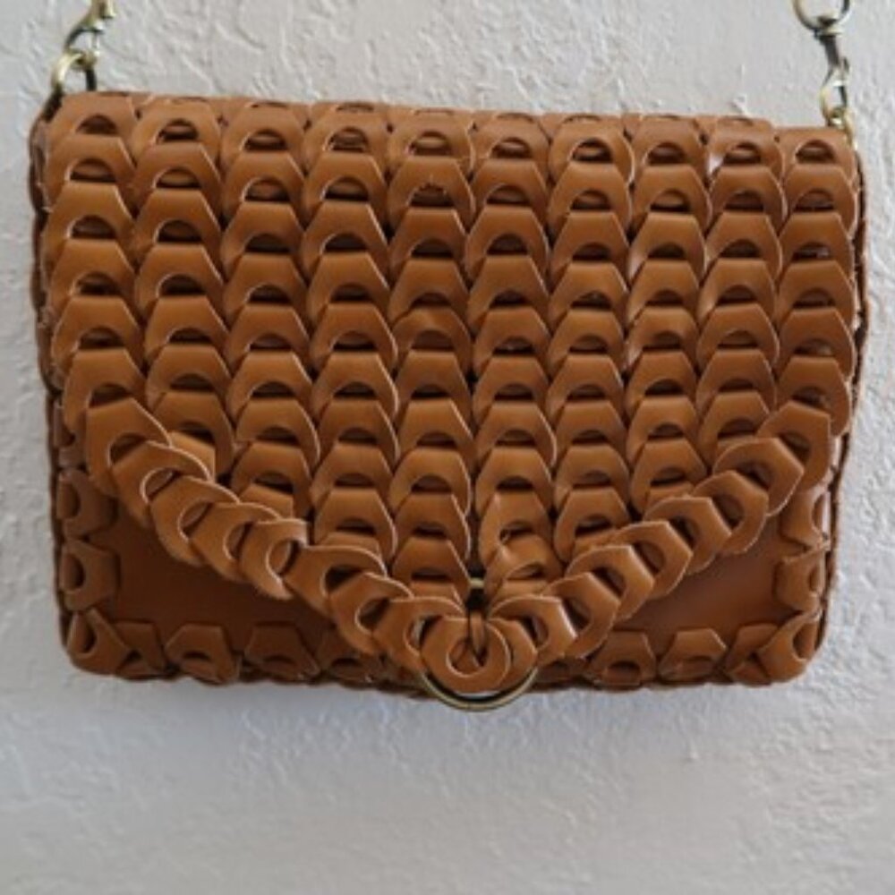 Patricia Nash Porticci Leather Woven Chainlink Crossbody Bag Hazelnut